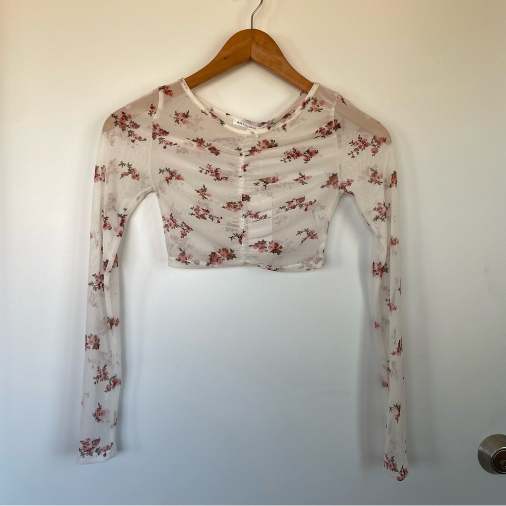 Antistar Floral Sheer Mesh Long Sleeve Crop Top NWT